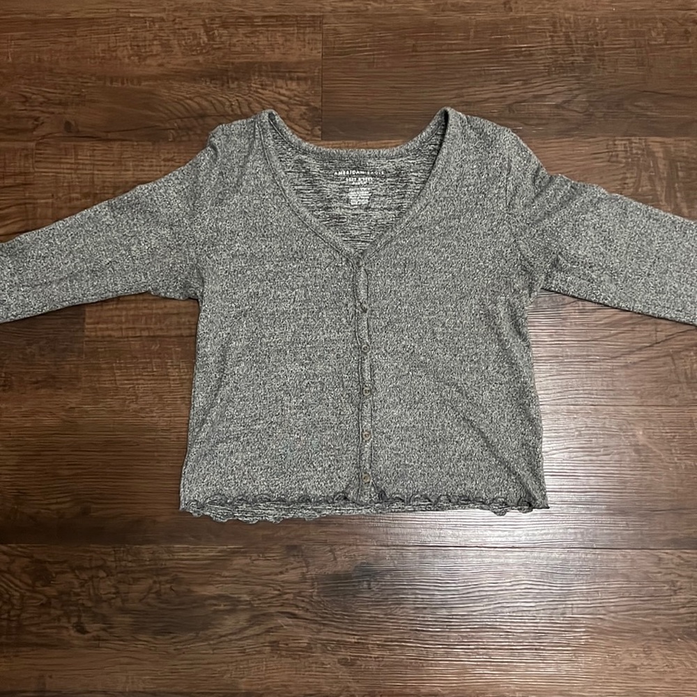 Grey long sleeve button up, soft.